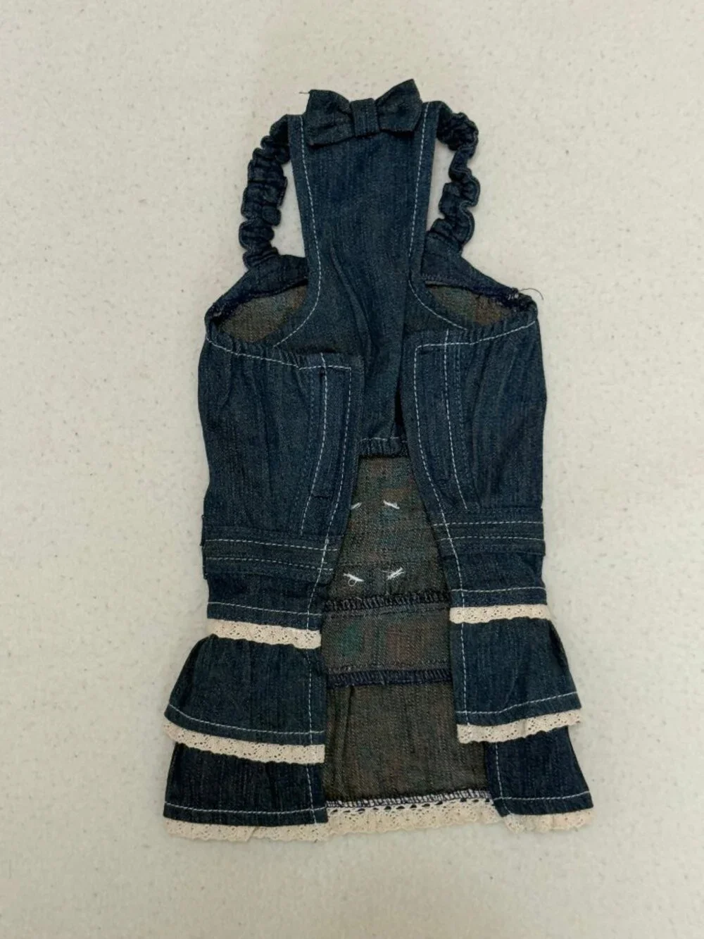 Cute Denim 2 Tier Ruffle w/ Lace Skirt Dog Dress w/ Pocket - Small / Medium